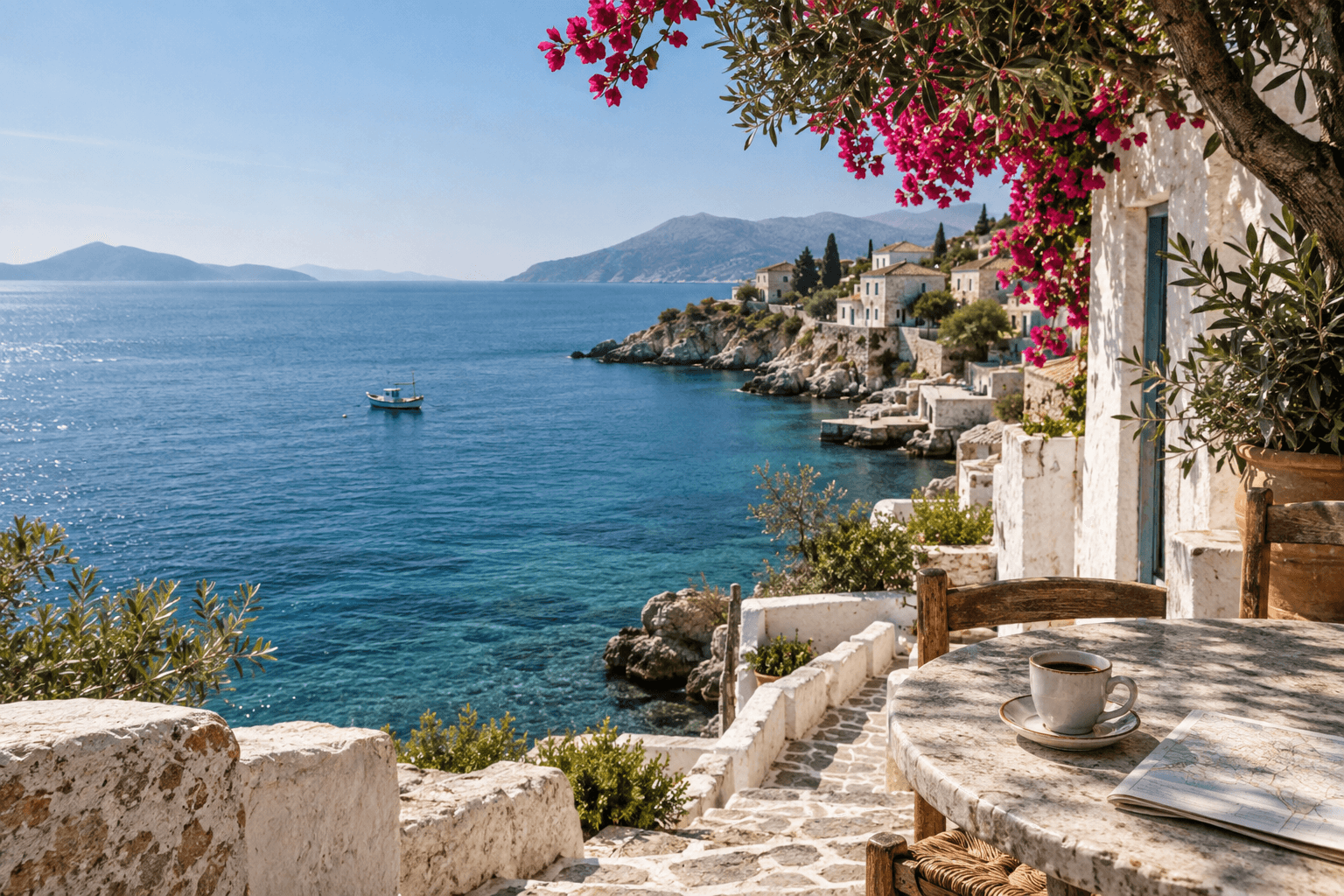 An imagined Aegean waterfront with stone steps, bougainvillea and a small cafe terrace